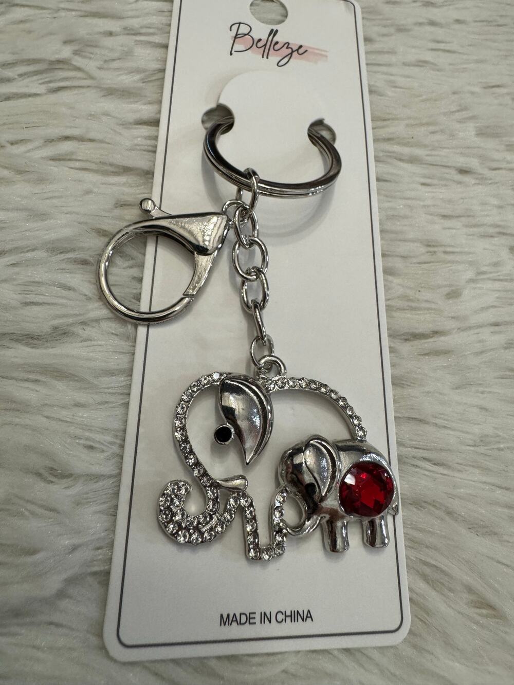Silver elephant mom and baby keychain bag charm with red gemstone